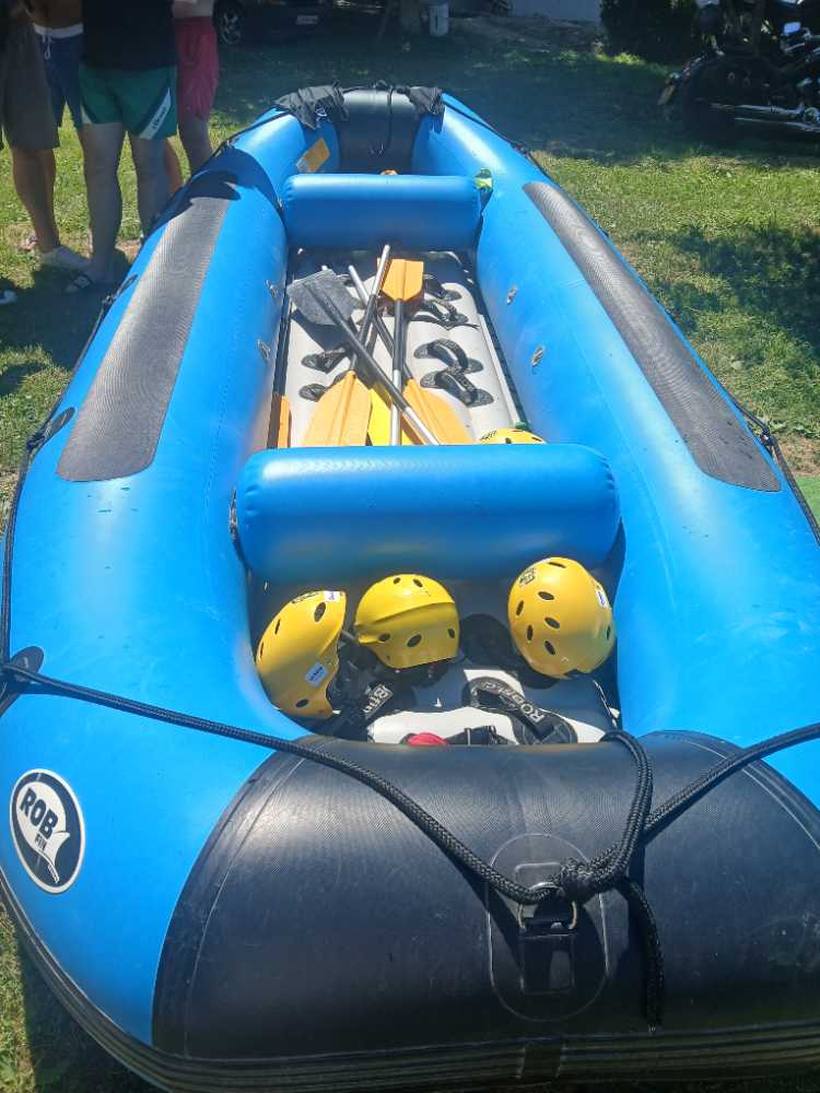 Boat ready to go — Helmets and paddles loaded, Banja Luka